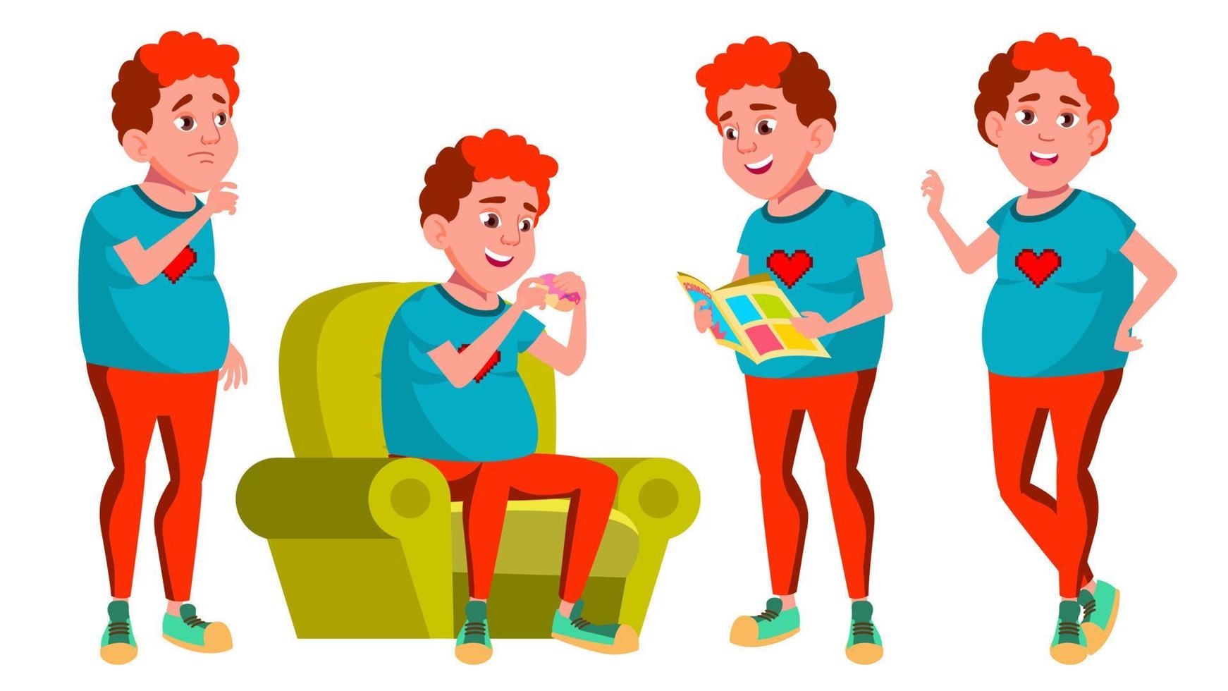 Teen Boy Poses Set Vector. Red Head. Fat Gamer. Face. Children. For Web, Brochure, Poster Design. Isolated Cartoon Illustration vector