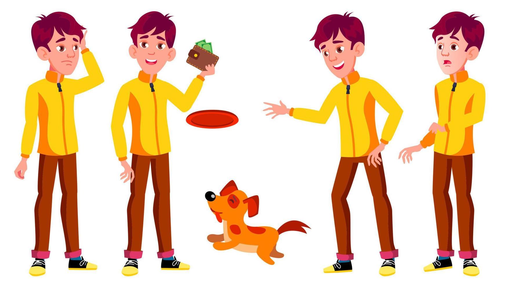 Teen Boy Poses Set Vector. Pet, Dog. Friends, Life. For Presentation, Invitation, Card Design. Isolated Cartoon Illustration vector