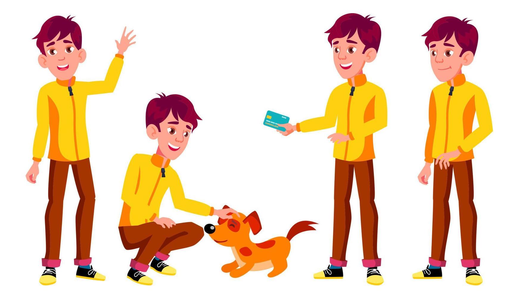 Teen Boy Poses Set Vector. Pet, Dog. Emotional, Pose. For Advertising, Placard, Print Design. Isolated Cartoon Illustration vector