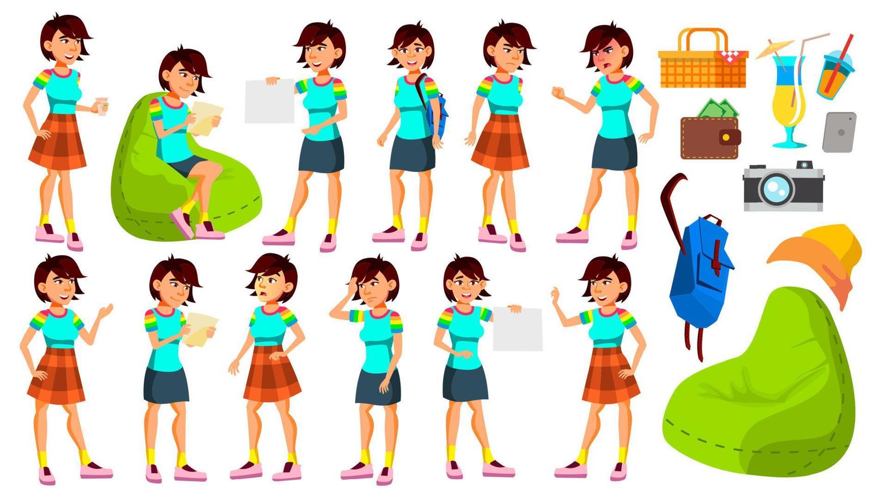 Asian Teen Girl Poses Set Vector. Funny, Friendship. For Advertisement, Greeting, Announcement Design. Isolated Cartoon Illustration vector