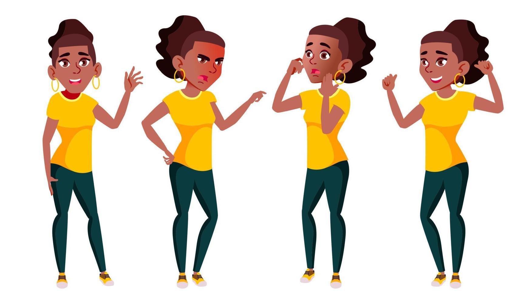 Teen Girl Poses Set Vector. Black. Afro American. Adult People. Casual. For Advertisement, Greeting, Announcement Design. Isolated Cartoon Illustration vector