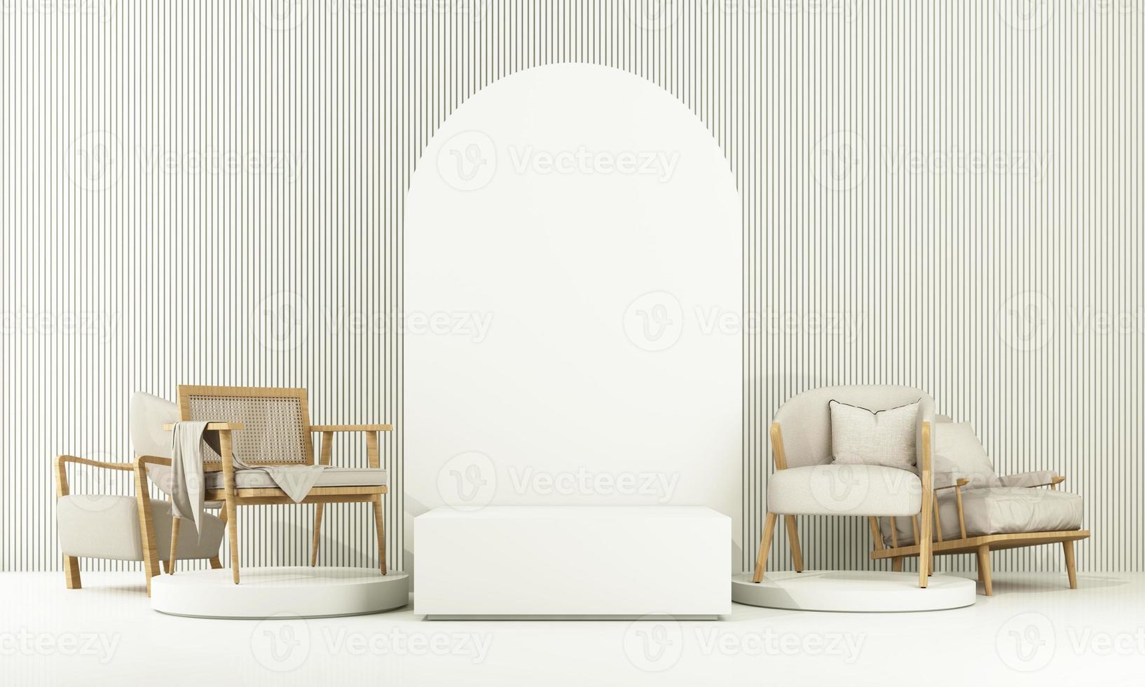 Interior of the room in plain monochrome light yellow color with chair and armchair. Light background with copy space. 3D rendering for web page, presentation or product design photo