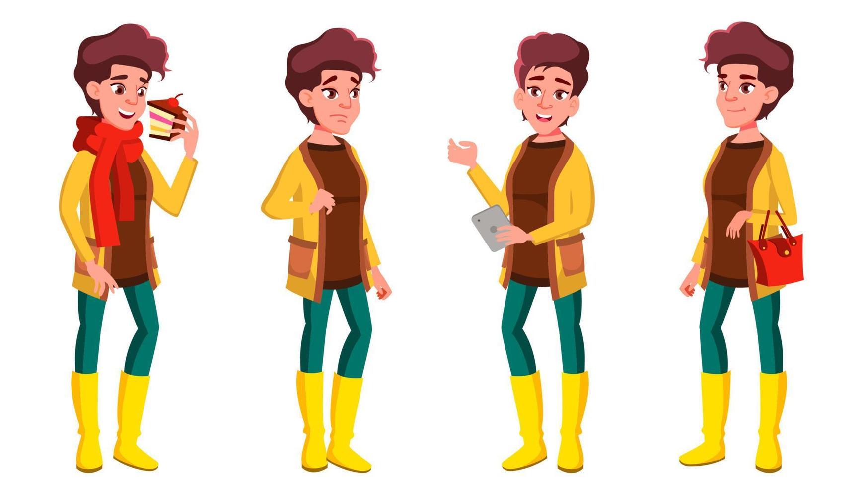 Teen Girl Poses Set Vector. Emotional, Pose. For Advertising, Placard, Print Design. Isolated Cartoon Illustration vector