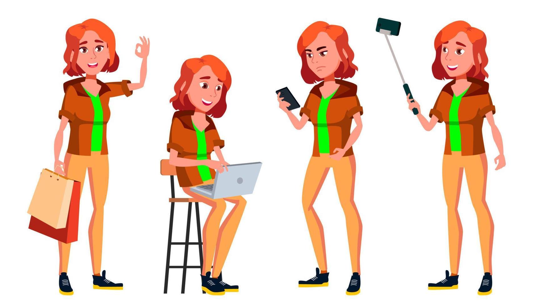 Teen Girl Poses Set Vector. Pretty, Youth. For Postcard, Announcement, Cover Design. Isolated Cartoon Illustration vector