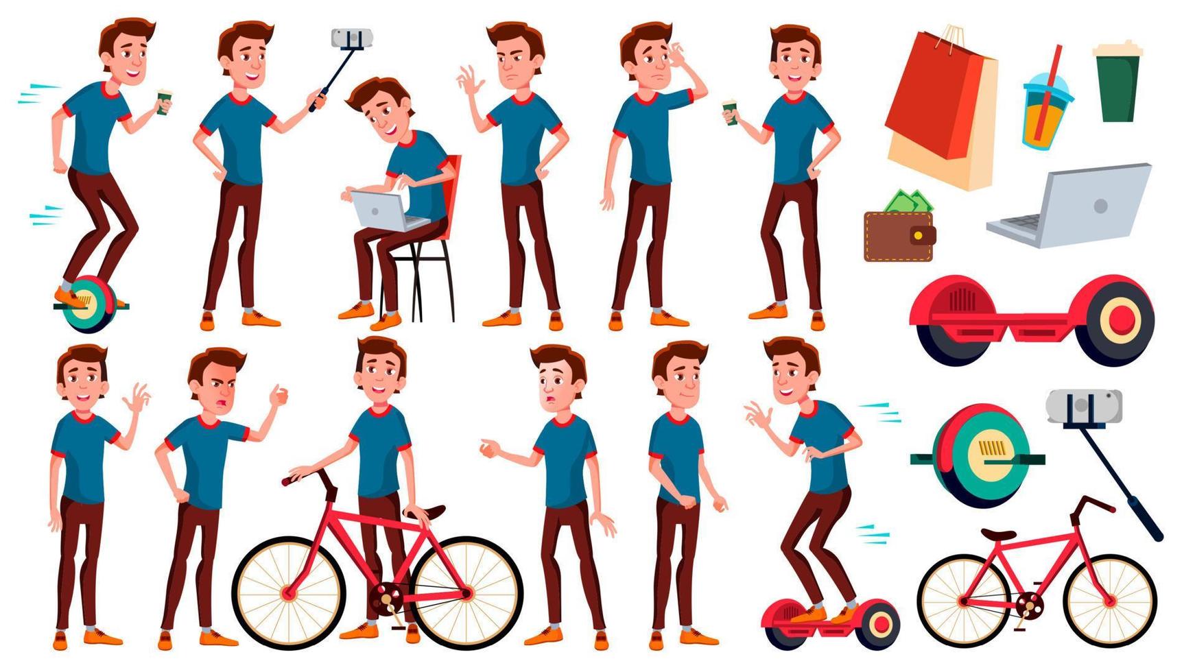 Teen Boy Poses Set Vector. Emotional, Pose. For Advertising, Placard, Print Design. Isolated Cartoon Illustration vector