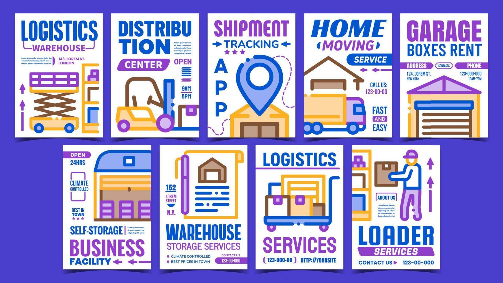 Warehouse Services Promotion Posters Set Vector