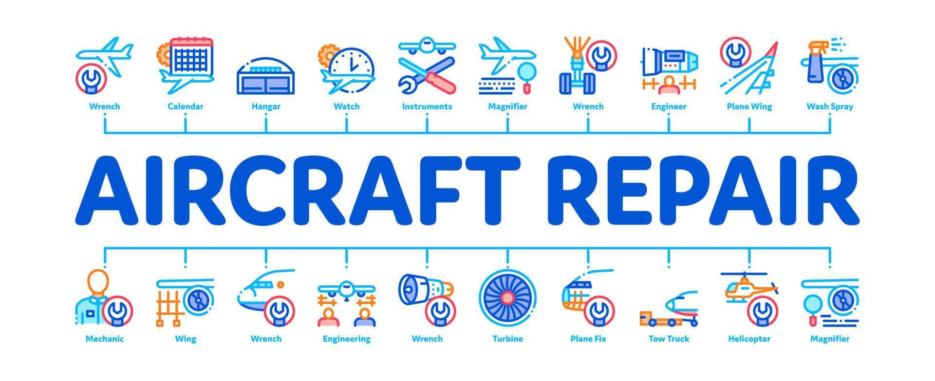 herramienta de reparación de aeronaves vector de banner infográfico mínimo