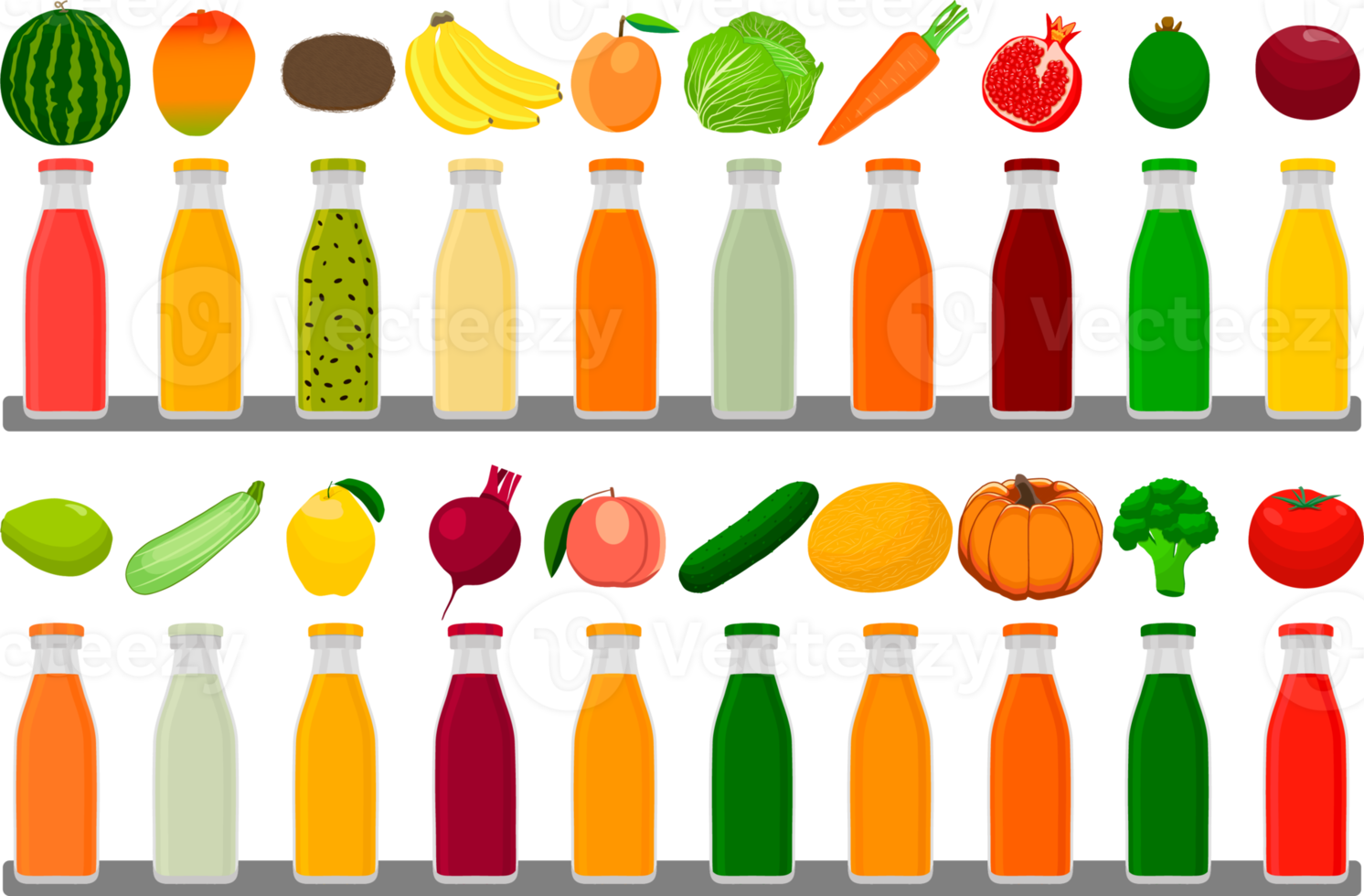 grande kit bottiglie di vetro con tappi pieni di succo di frutta multicolore liquido png