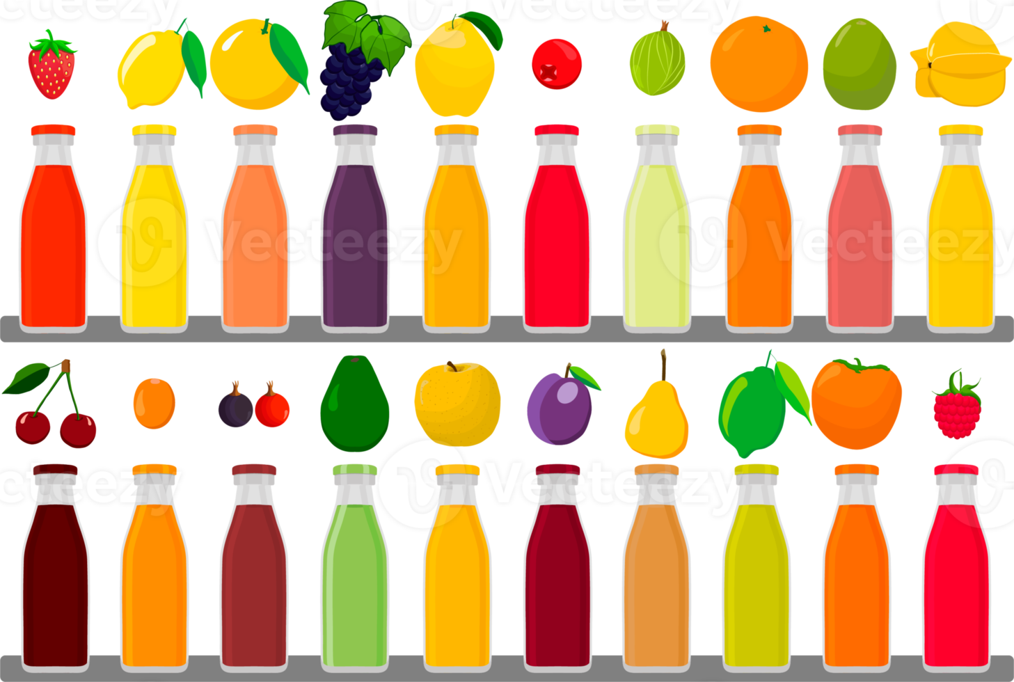 big kit glass bottles with caps filled liquid multicolored fruit juice png