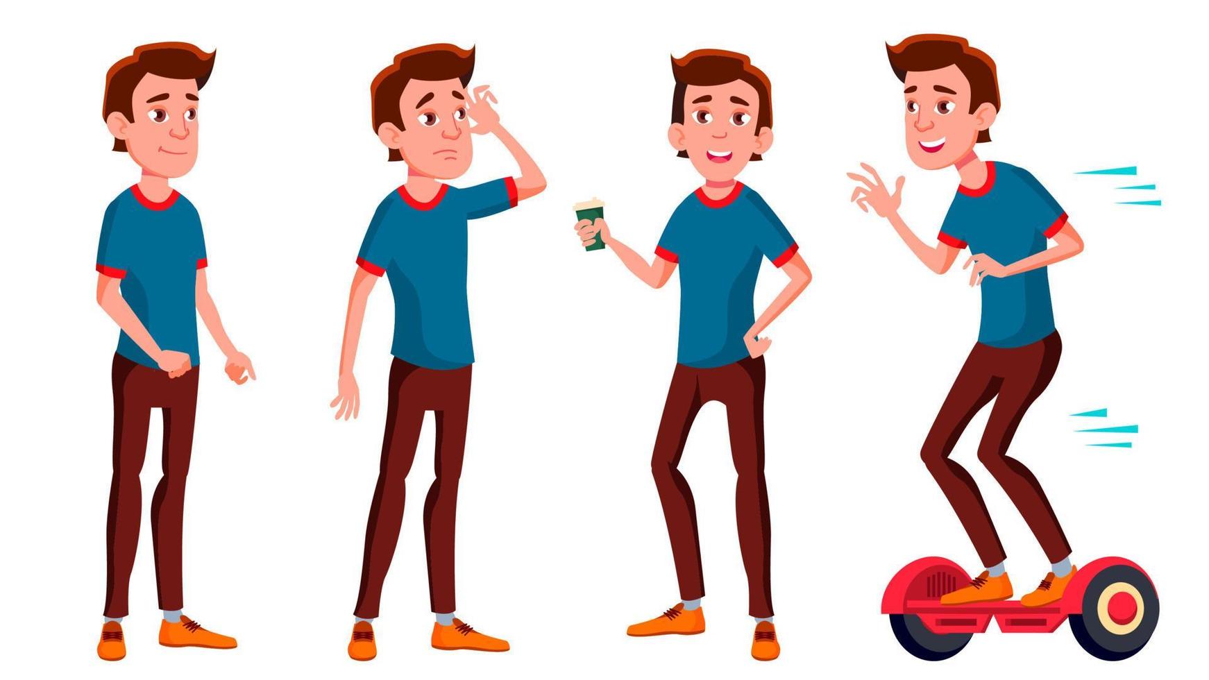 Teen Boy Poses Set Vector. Friends, Life. For Presentation, Invitation, Card Design. Isolated Cartoon Illustration vector