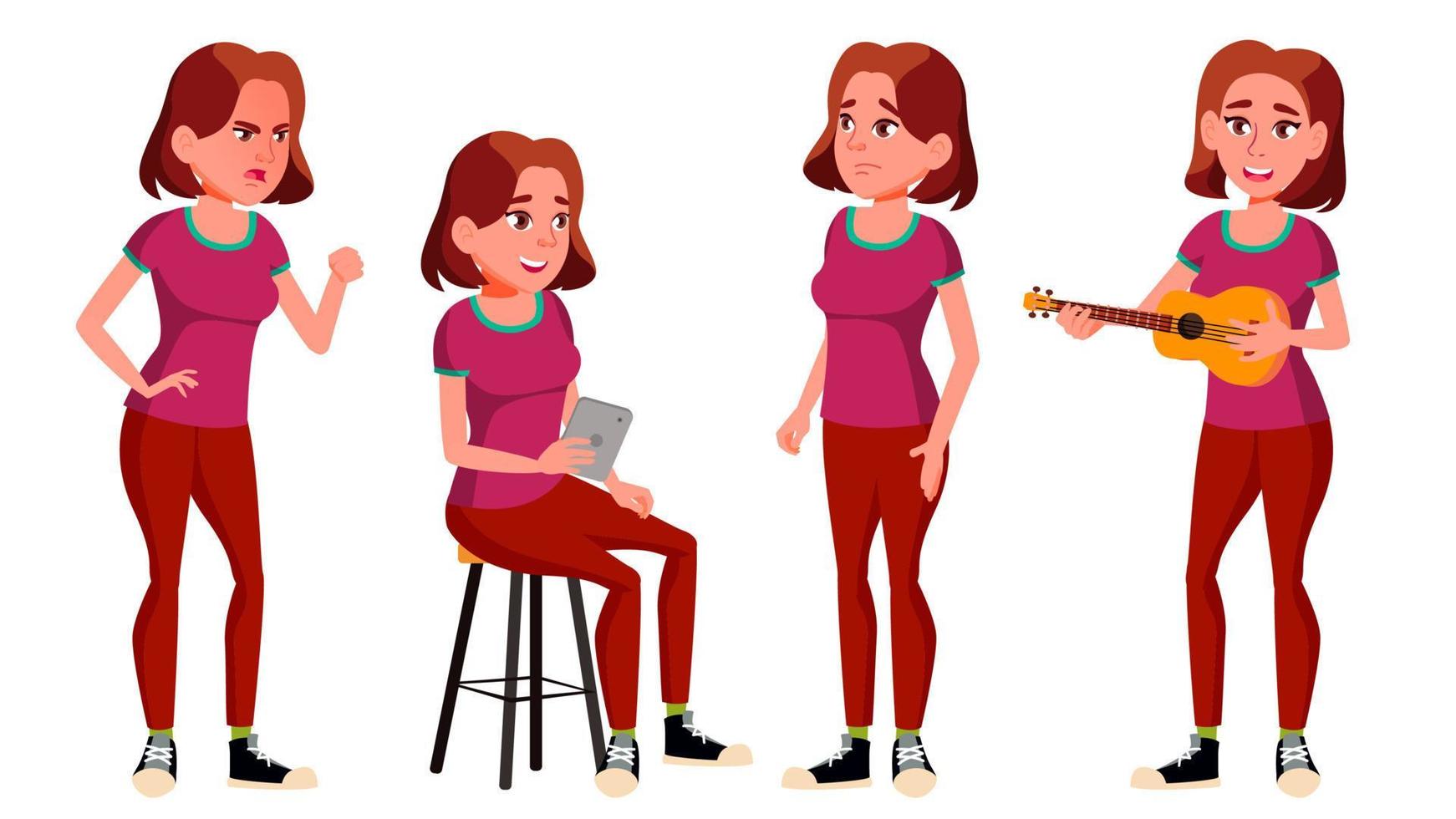 Teen Girl Poses Set Vector. Positive Person. For Postcard, Cover, Placard Design. Isolated Cartoon Illustration vector