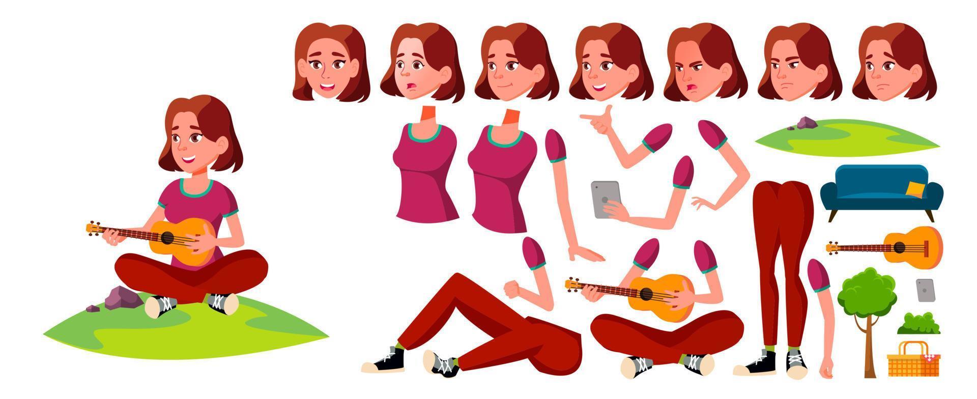 Teen Girl Vector. Animation Creation Set. Face Emotions, Gestures. Fun, Cheerful. Animated. For Card, Advertisement, Greeting Design. Isolated Cartoon Illustration vector