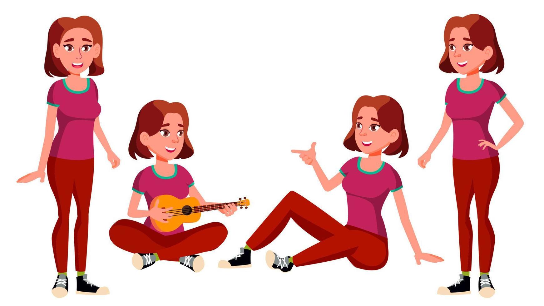 Teen Girl Poses Set Vector. Face. Children. For Web, Brochure, Poster Design. Isolated Cartoon Illustration vector