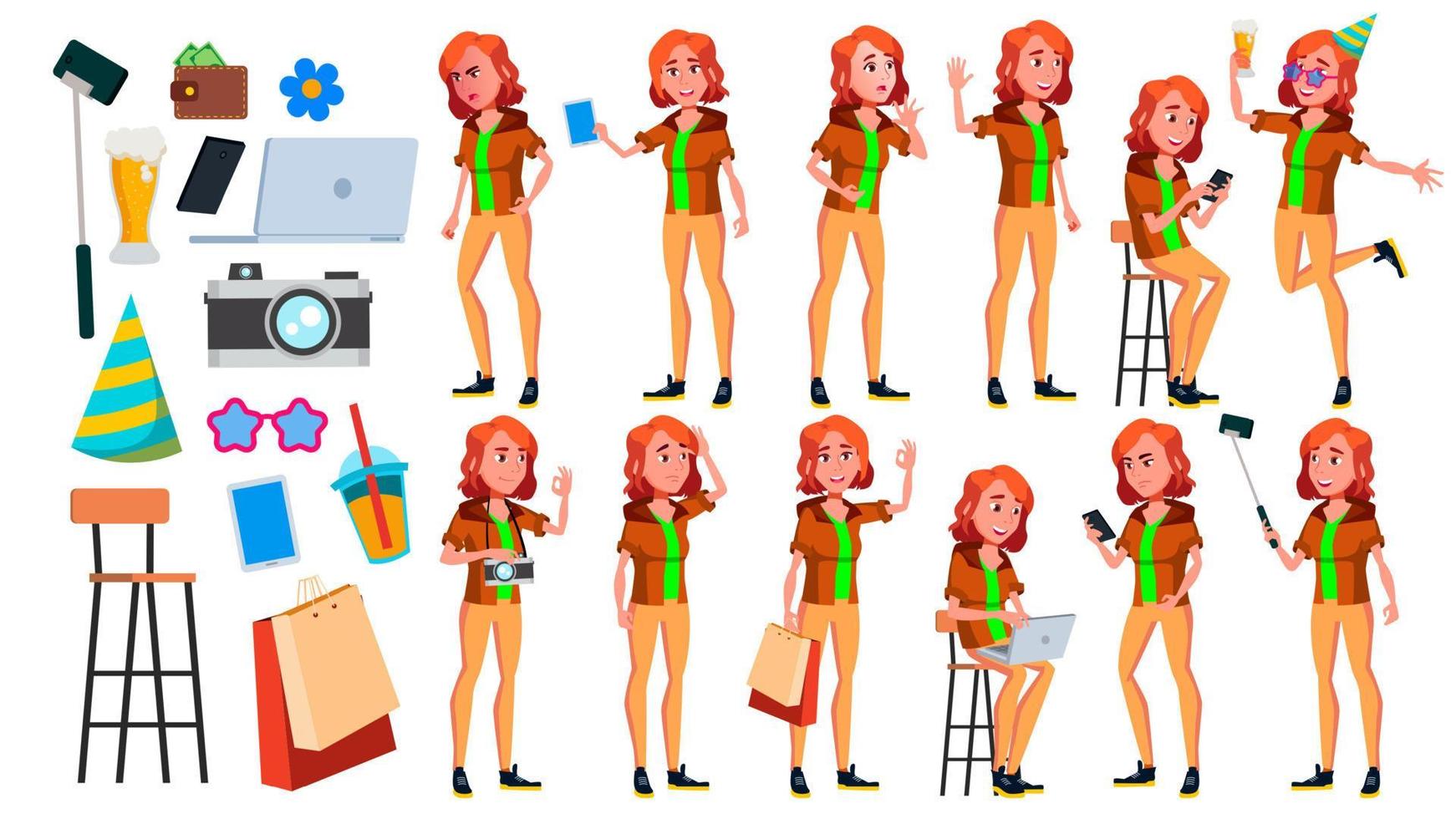 Teen Girl Poses Set Vector. Caucasian, Positive. For Presentation, Print, Invitation Design. Isolated Cartoon Illustration vector