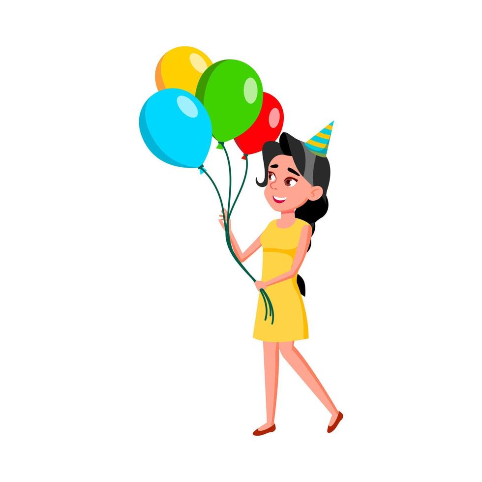 niña adolescente caminando con globos de aire manojo vector