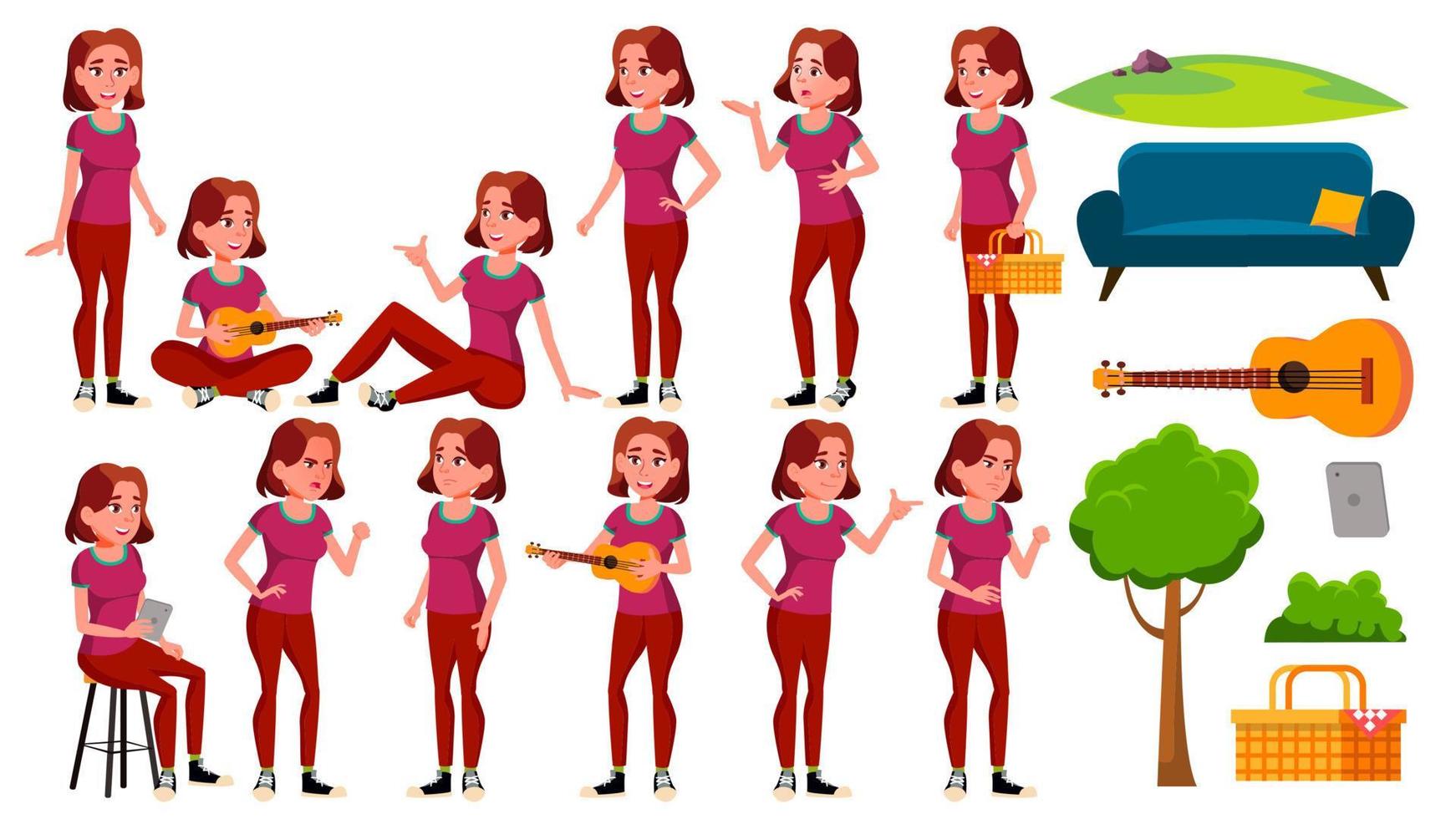 Teen Girl Poses Set Vector. Fun, Cheerful. For Web, Poster, Booklet Design. Isolated Cartoon Illustration vector