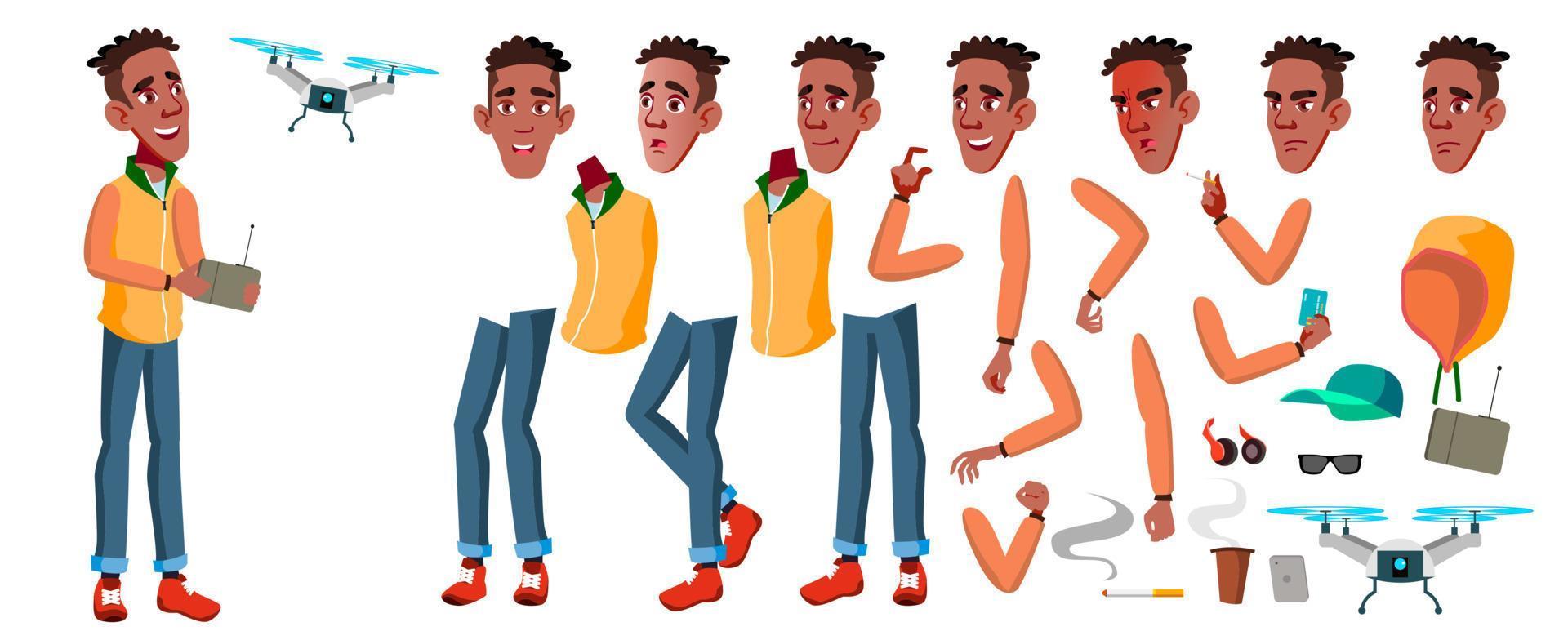 Teen Boy Vector. Animation Creation Set. Black. Afro American. Face Emotions, Gestures. Adult People. Casual. Animated. For Presentation, Print, Invitation Design. Isolated Cartoon Illustration vector