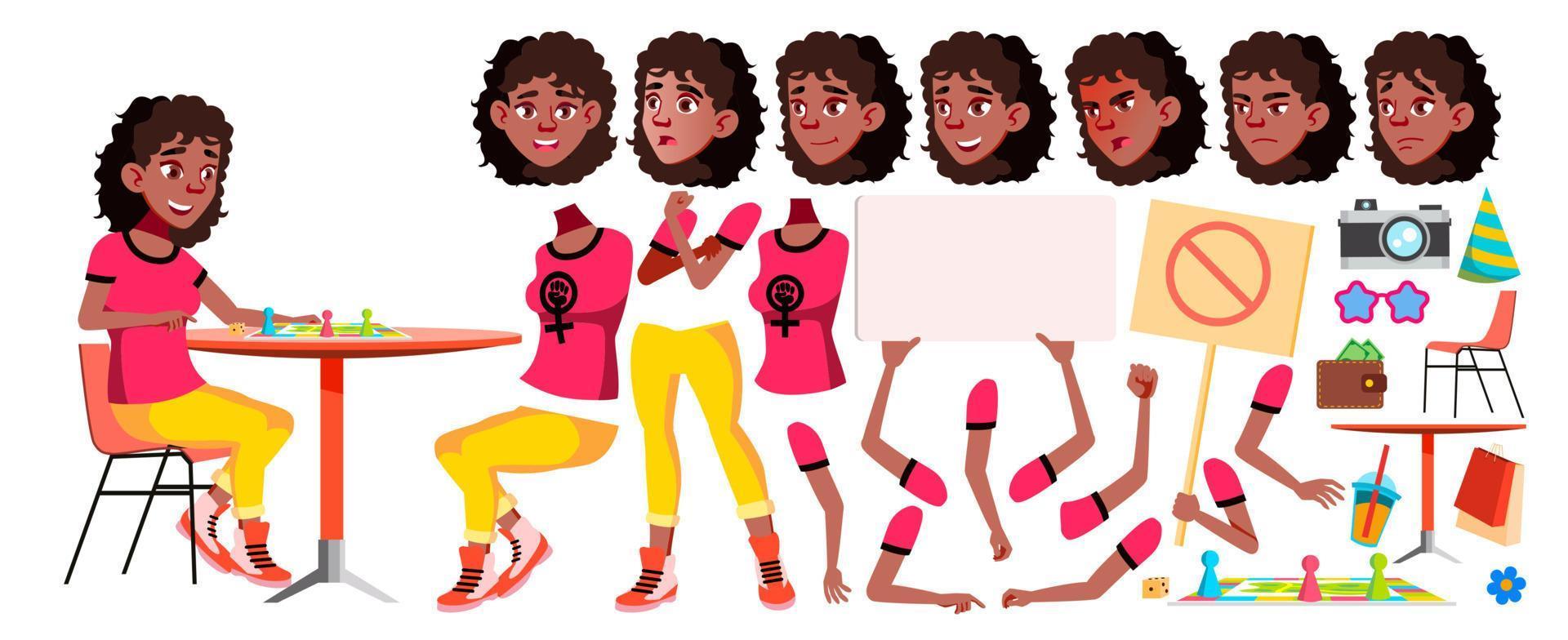 Teen Girl Vector. Black. Afro American. Animation Creation Set. Face Emotions, Gestures. Leisure, Smile. Animated. For Web, Poster, Booklet Design. Isolated Cartoon Illustration vector