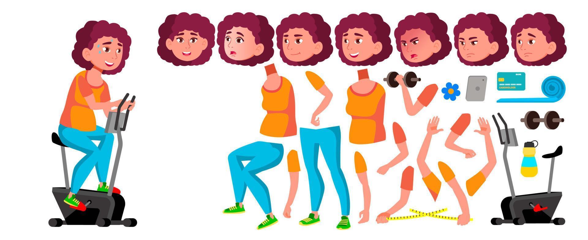 Fat Teen Girl Vector. Animation Creation Set. Face Emotions, Gestures. Friends, Life. Animated. Diet, Fitness, Health. For Advertisement, Greeting, Announcement Design. Isolated Cartoon Illustration vector
