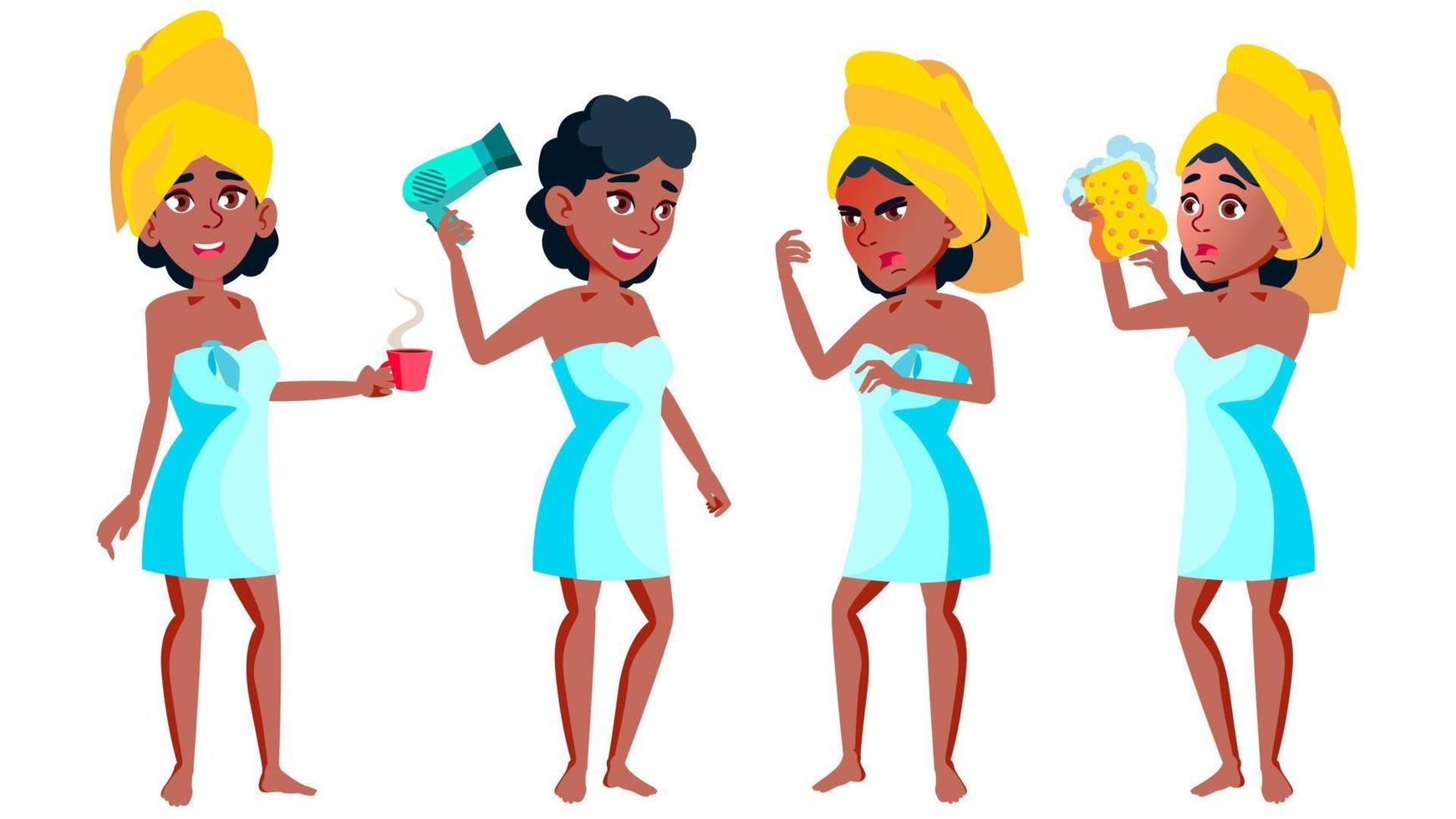 Teen Girl Poses Set Vector. Black. Afro American. Funny, Friendship. For Advertisement, Greeting, Announcement Design. Isolated Cartoon Illustration vector