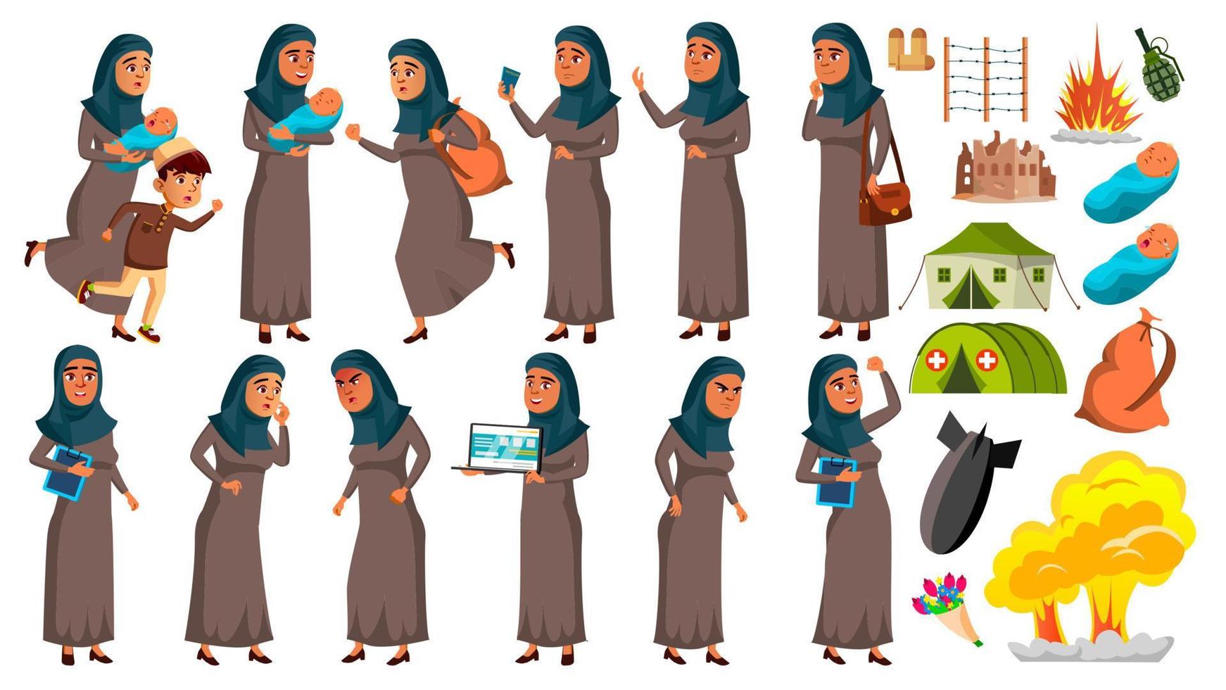 Arab, Muslim Teen Girl Poses Set Vector. Refugee, War, Bomb, Explosion, Panic. For Web Design. Isolated Cartoon Illustration vector