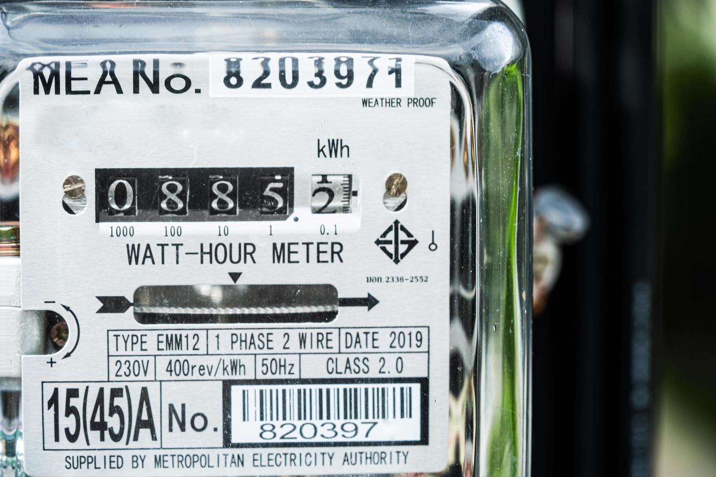 Bangkok, Thailand October 14, 2022 Electric measuring power meter for energy cost at home and office. photo