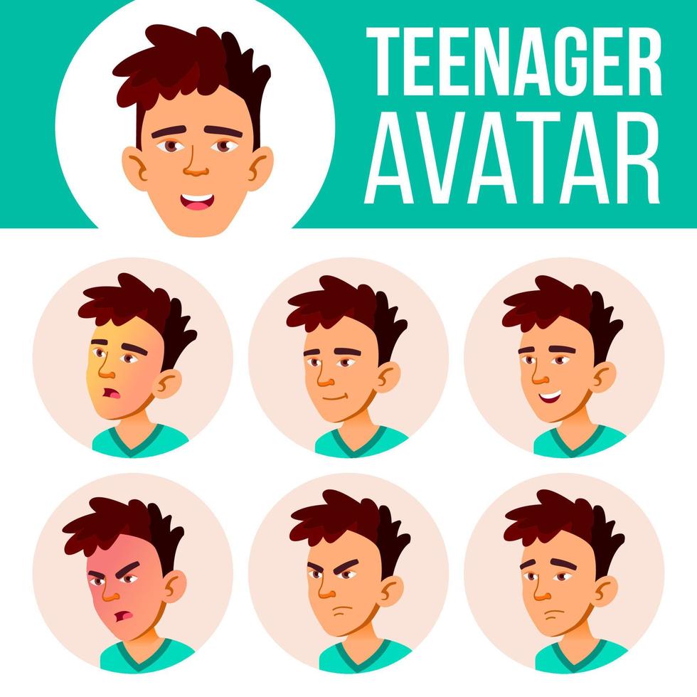 Asian Teen Boy Avatar Set Vector. Face Emotions. Flat, Portrait. Cute, Comic, Web. Cartoon Head Illustration vector