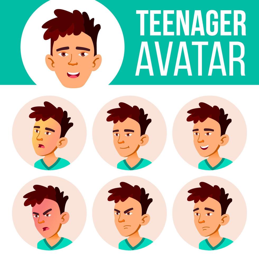 vector de conjunto de avatar de niño adolescente asiático. enfrentar las emociones. plano, retrato. lindo, cómico, web. ilustración de cabeza de dibujos animados