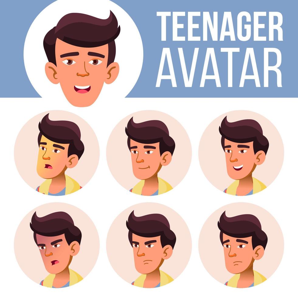 Asian Teen Boy Avatar Set Vector. Face Emotions. Emotional. Casual, Friend. Cartoon Head Illustration vector