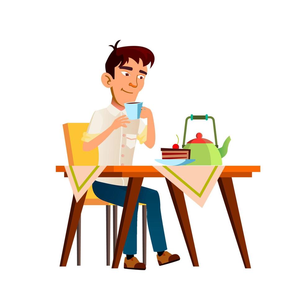 Teenager Boy Drinking Tea And Eating Cake Vector