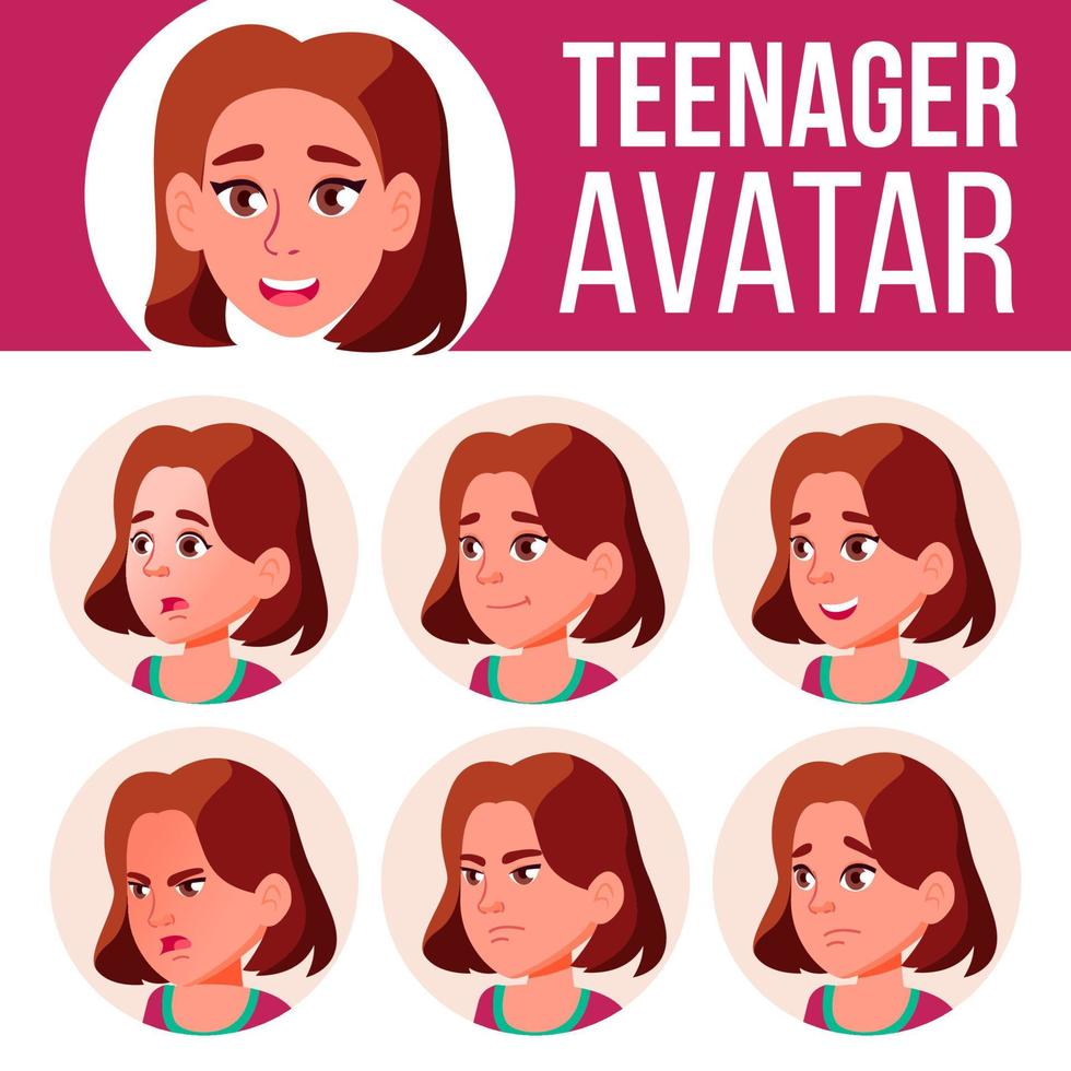 Teen Girl Avatar Set Vector. Face Emotions. High, Child Pupil. Small, Junior. Cartoon Head Illustration vector