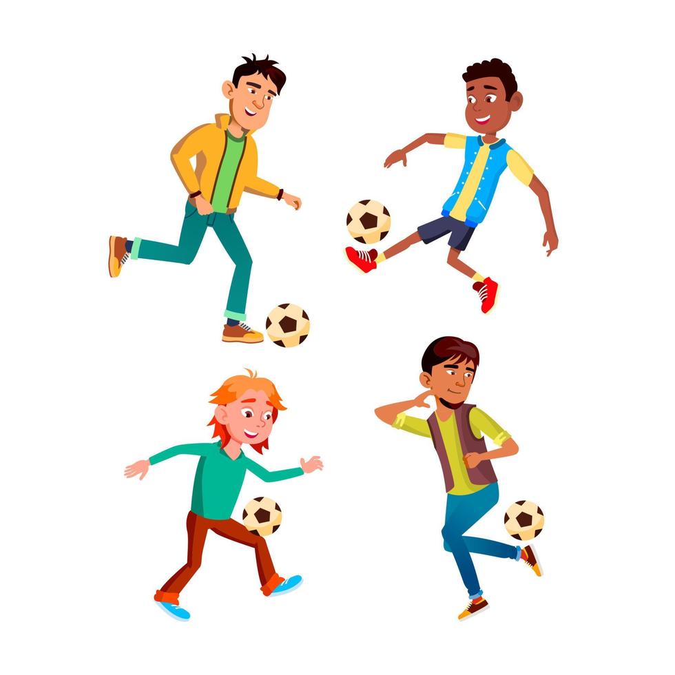 adolescente, niño, juego, fútbol, conjunto, vector