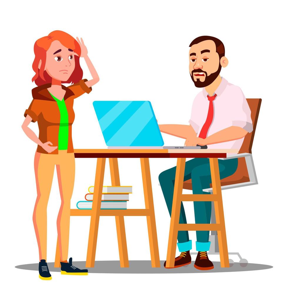 Confused Student Takes An Exam To Angry Teacher Vector. Isolated Illustration vector