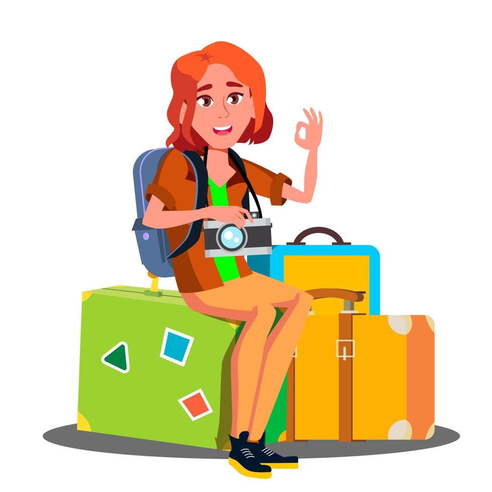 Happy Girl Sitting On Pile Of Suitcases Ready To Travel Vector. Isolated Illustration vector