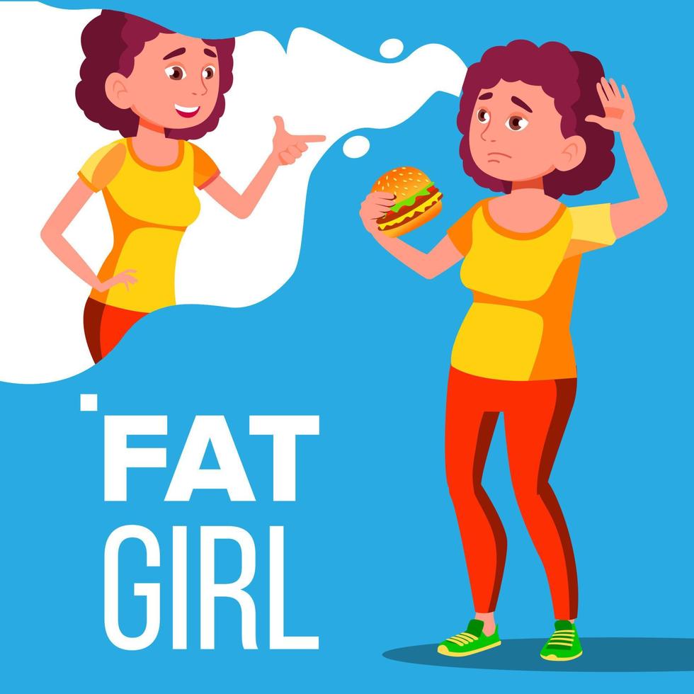 Fat Girl Eating A Hamburger And Dreaming To Be Fitness Vector. Isolated Illustration vector