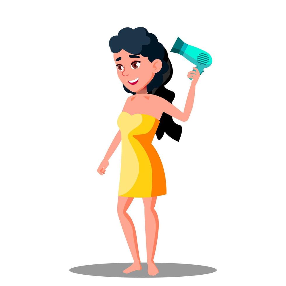 Teenager Girl Drying Her Hair With Hair Dryer Vector. Isolated Illustration vector