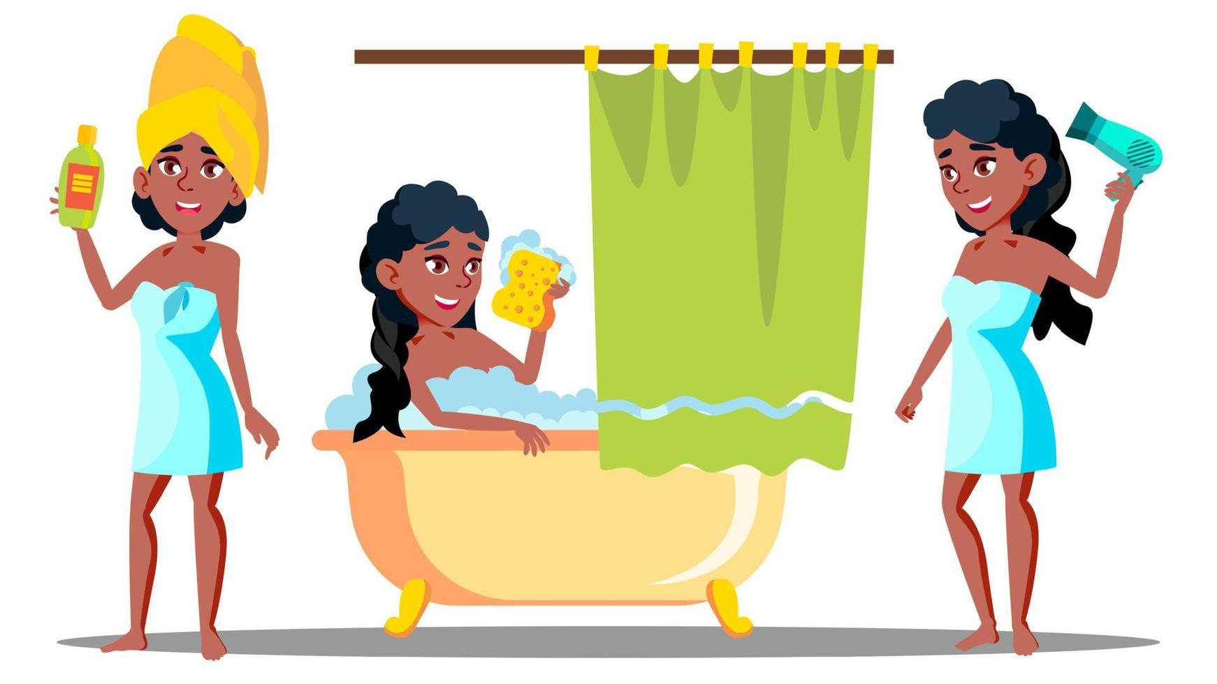 Teenager Girl Washing Long Hair With Shampoo Vector. Isolated Illustration vector