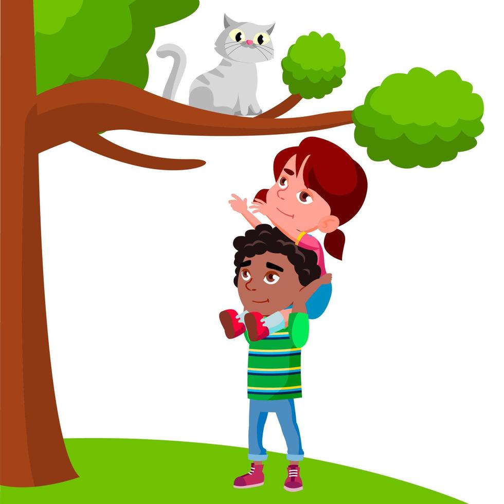 Little Girl Sits On The Boy Shoulders And Pulls Her Hands To Cat Sitting On Tree Vector Flat Cartoon Illustration