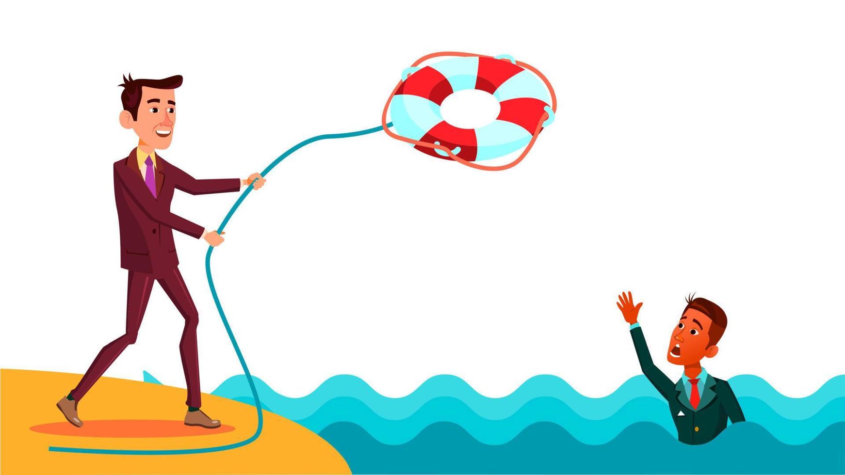 Help A Colleague. Businessman Throws Lifebuoy To Indian Colleague Vector Flat Cartoon Illustration