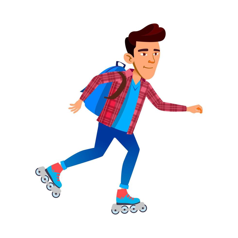 Schoolboy Riding Roller Skates Outdoor Vector