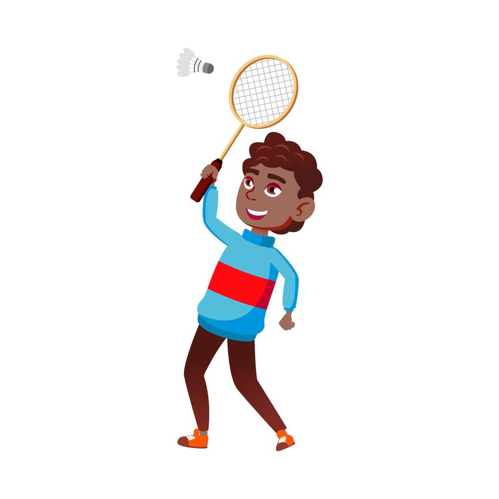 Schoolboy Playing Badminton On Playground Vector