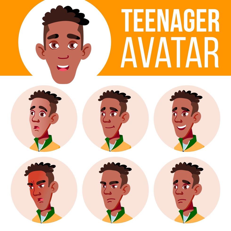 Teen Boy Avatar Set Vector. Black. Afro American. Face Emotions. Emotional. Leisure, Smile. Cartoon Head Illustration vector