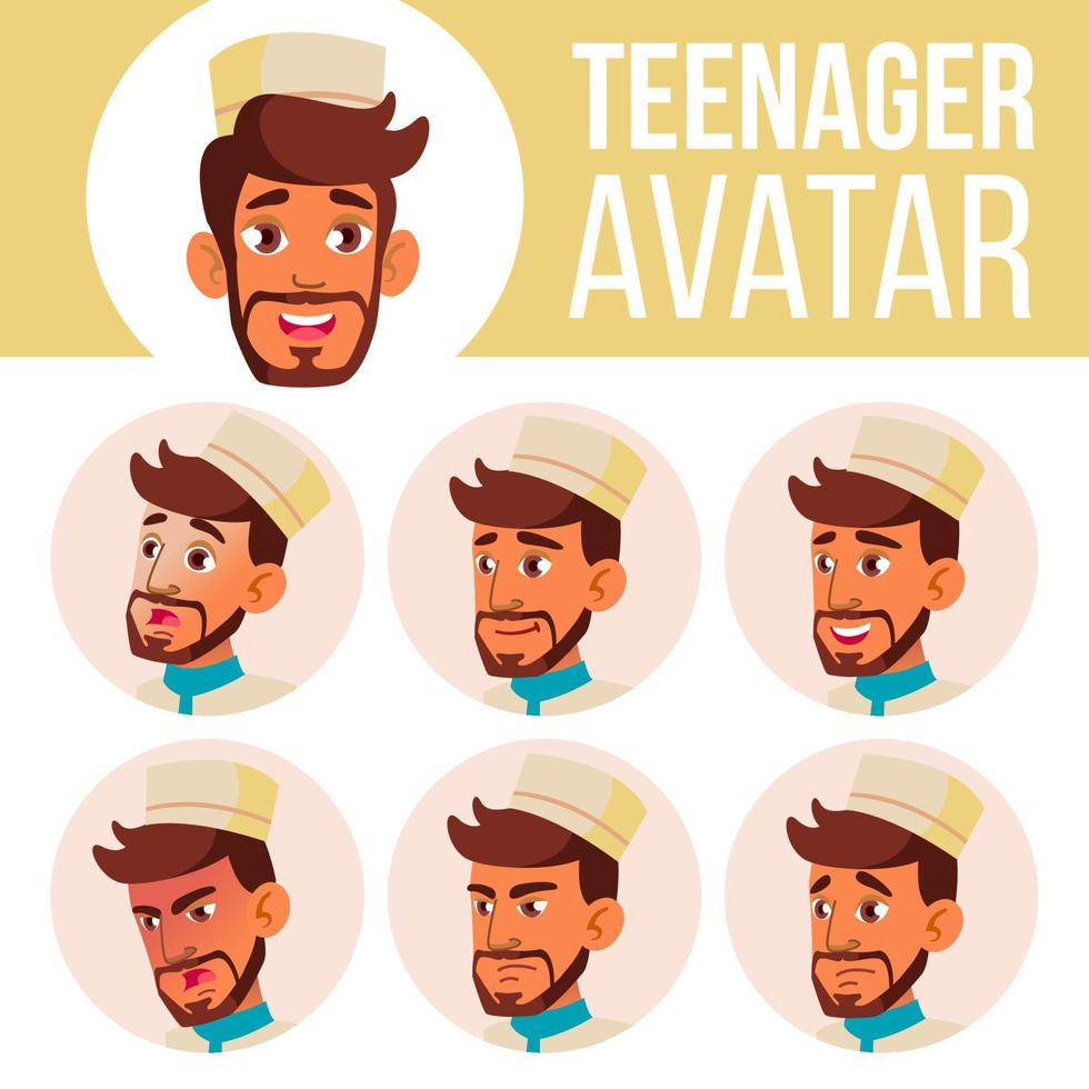 Teen Boy Avatar Set Vector. Arab, Muslim. Face Emotions. User, Character. Cheer, Pretty. Cartoon Head Illustration vector