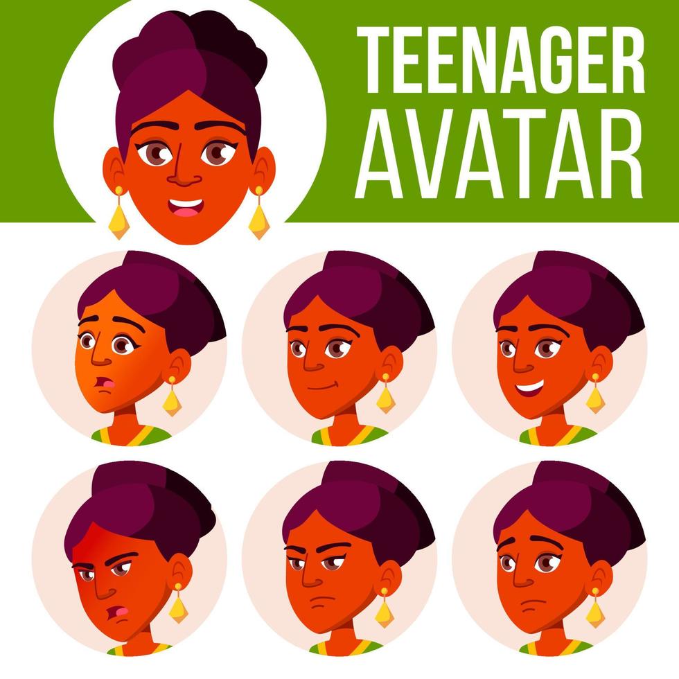 Teen Girl Avatar Set Vector. Face Emotions. Children. Indian, Hindu. Asian. Beautiful, Funny. Cartoon Head Illustration vector