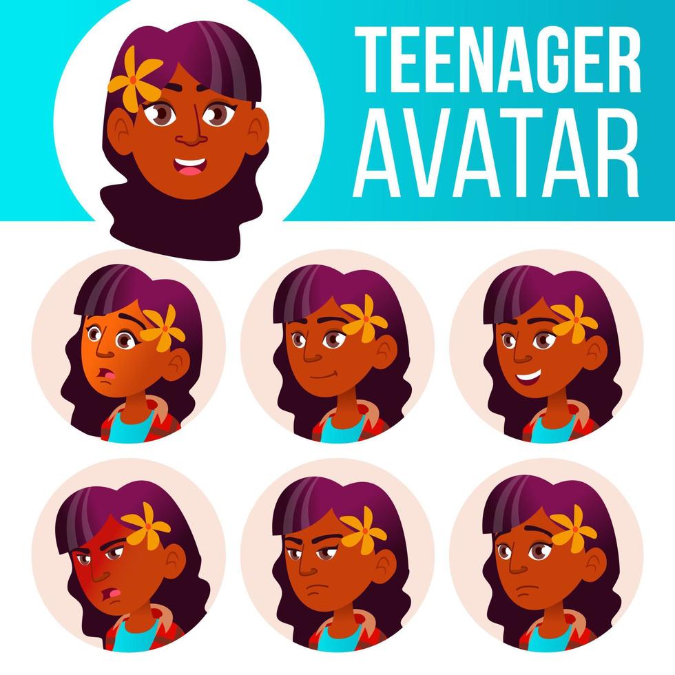 Teen Girl Avatar Set Vector. Indian, Hindu. Asian. Face Emotions. Emotional. Casual, Friend. Cartoon Head Illustration vector