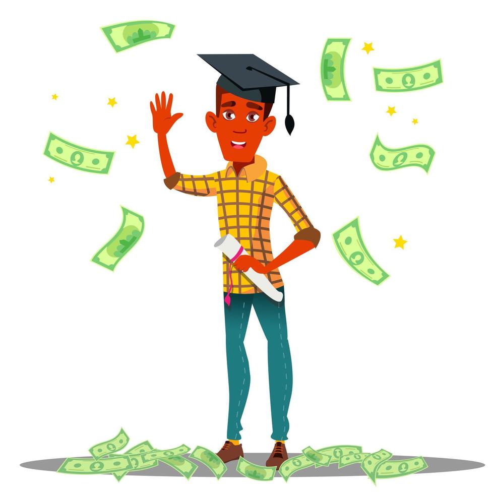 Falling Money On Smiling Student In Graduate Cap With Diploma Vector. Isolated Illustration vector