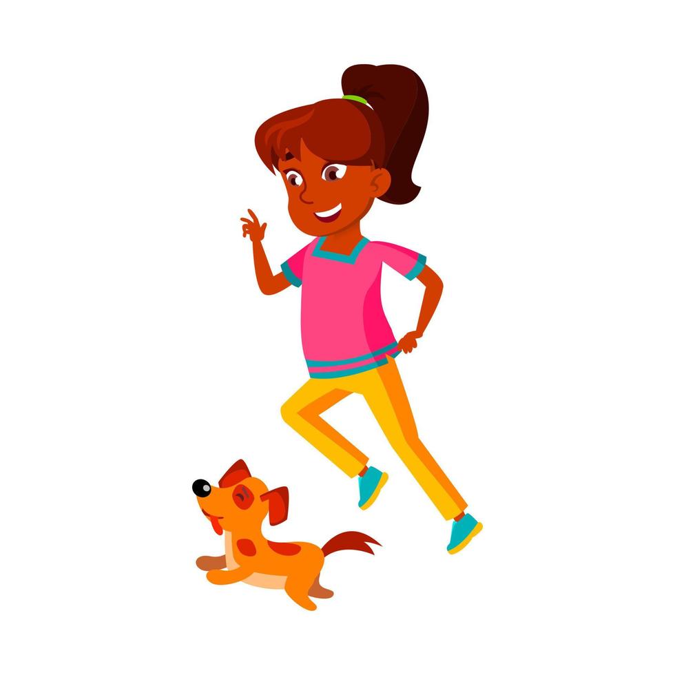 Schoolgirl Running With Dog Animal Outdoor Vector