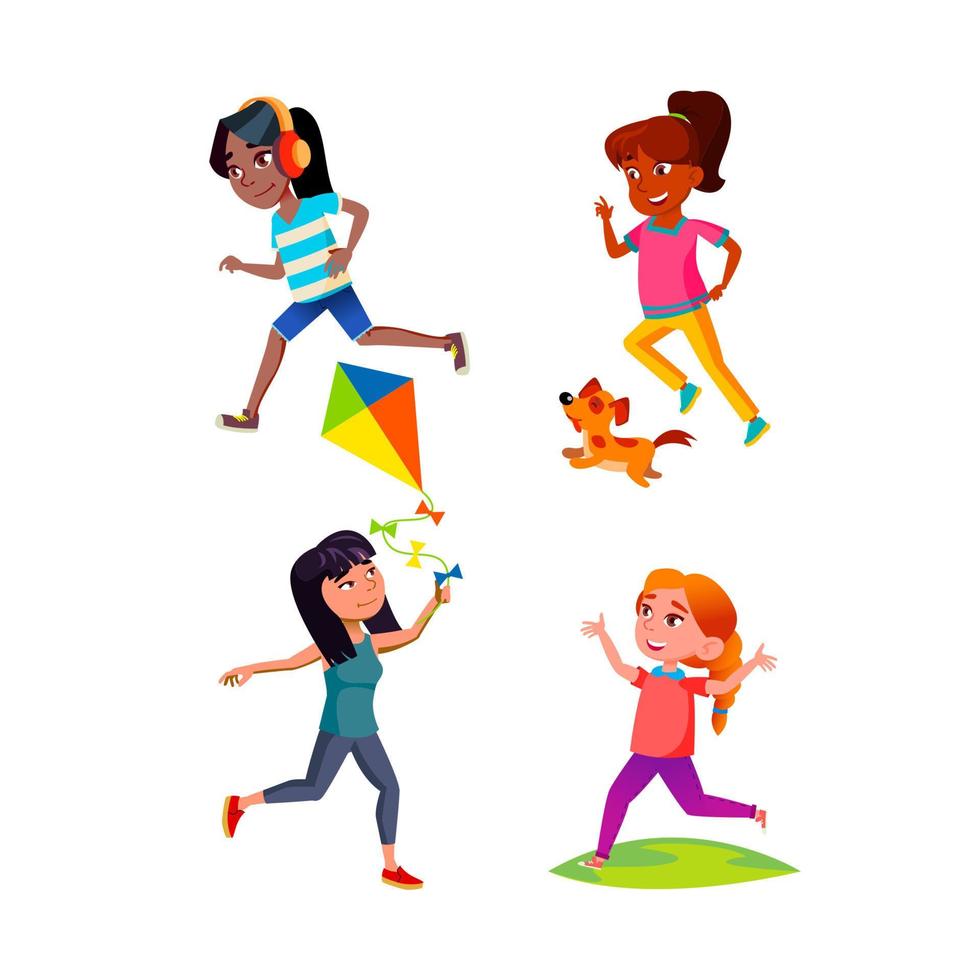 School Girls Teenagers Running Outdoor Set Vector