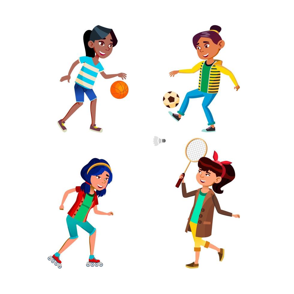 School Girls Playing Sport Game Active Set Vector