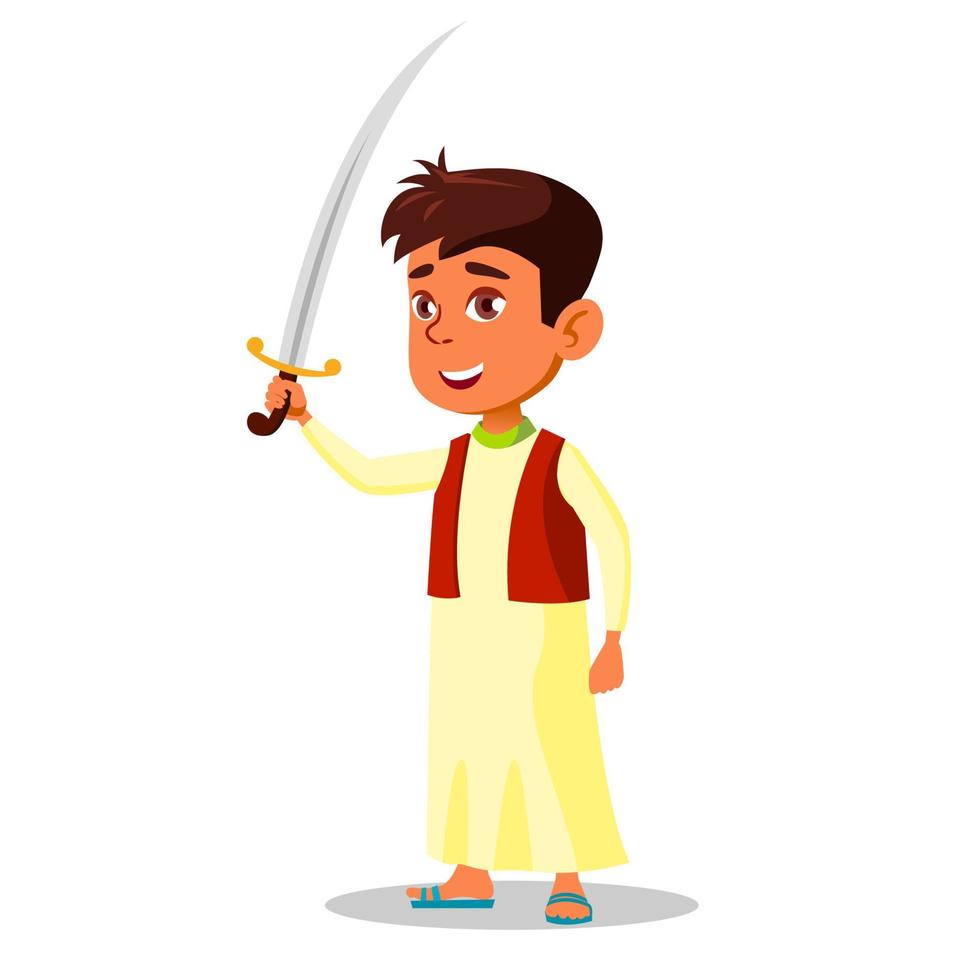 Arab Little Boy In National Clothes Holding Saber In Hand Vector Flat Cartoon Illustration